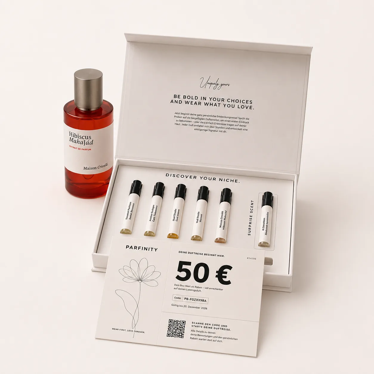 Parfinity Box mit sechs 2ml-Proben, 50-€-Code und Hibiscus Mahajád Flakon