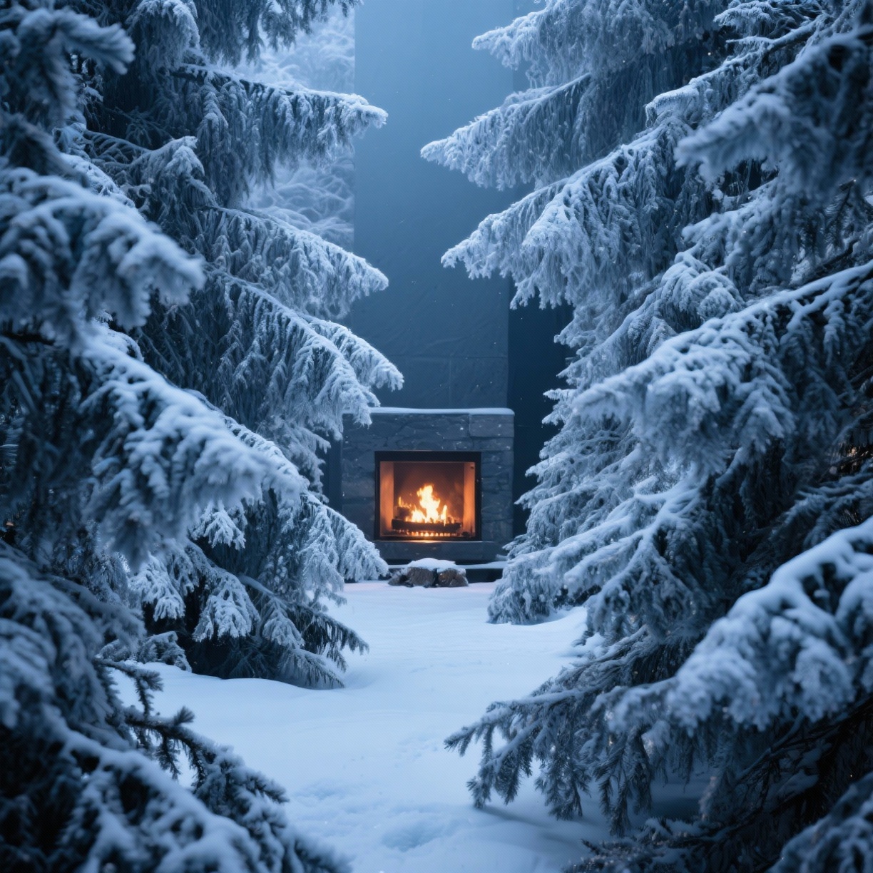 Elegant winter scene with snow-covered pine trees, fireplace warmth, deep blue and silver colors, luxurious and sophisticated mood